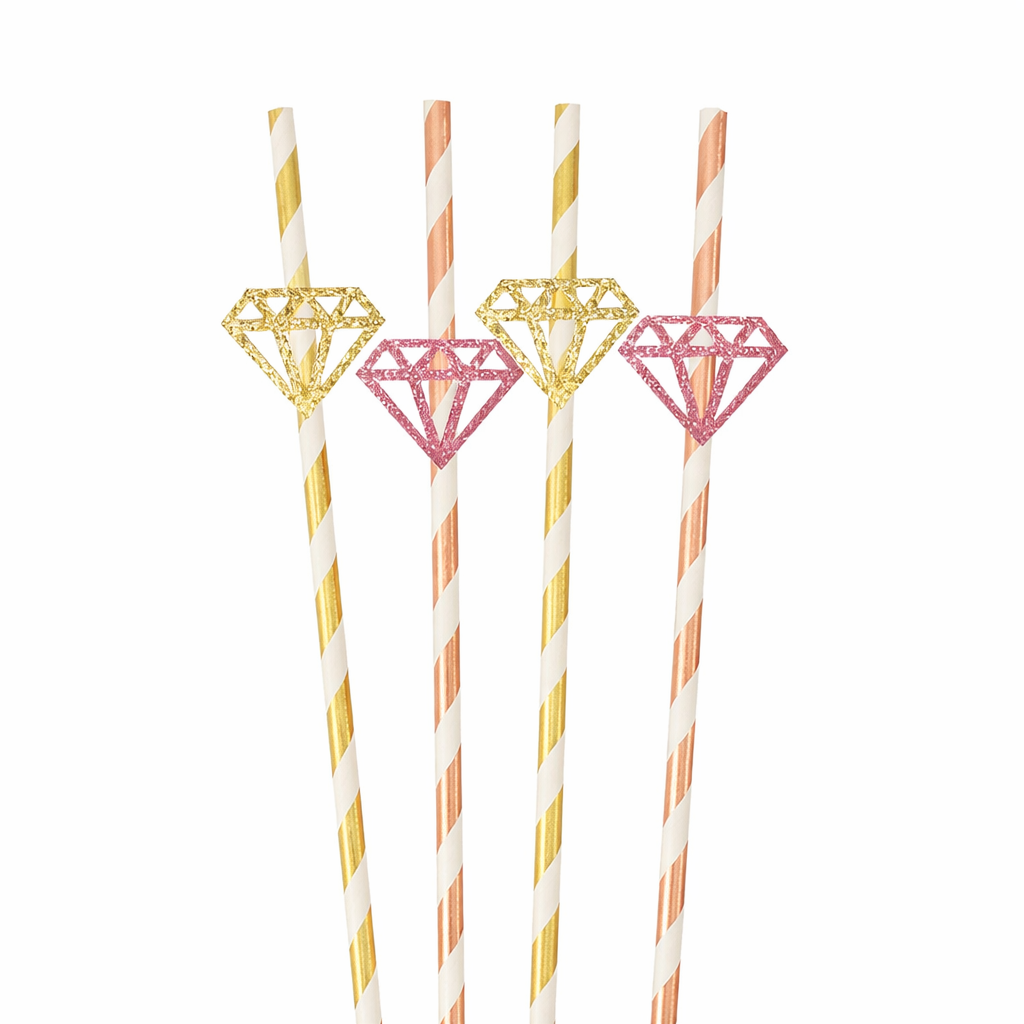 Rose gold, gold, and white mixed straws with diamond designs on a white background