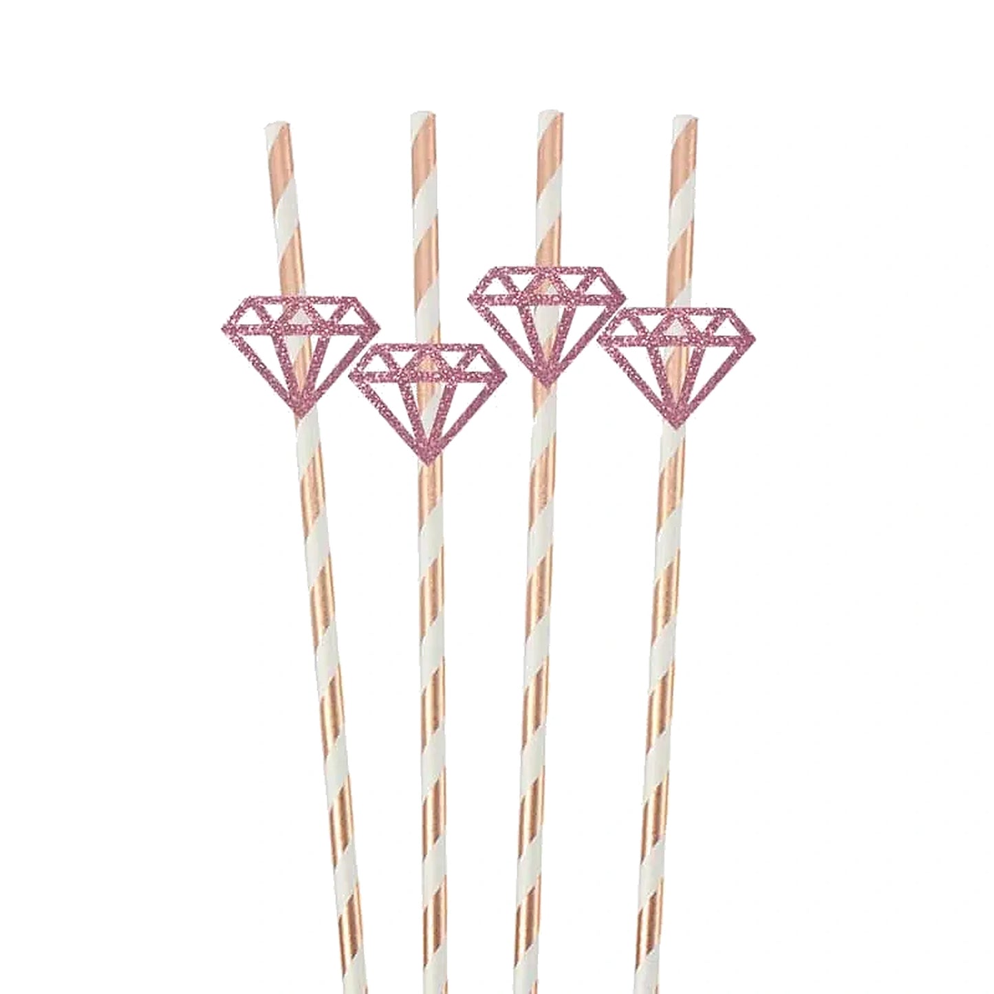 Rose gold and white straws with diamond designs on a white background