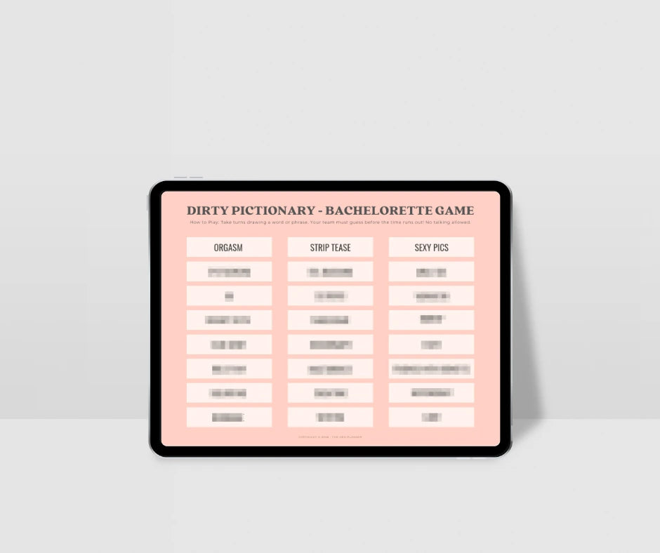 Digital tablet displaying a 'Dirty Pictionary' bachelorette game on a light gray background