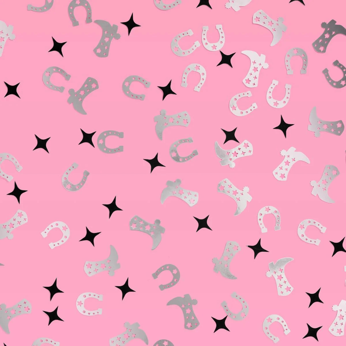 Pattern of horseshoes, stars, and letters on a pink background