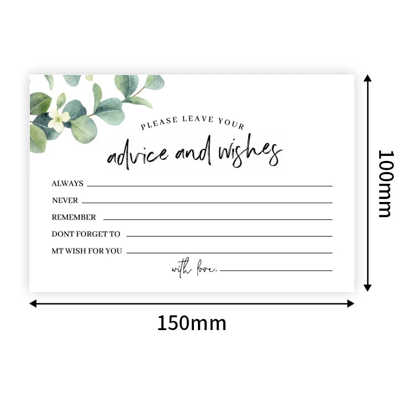 Card with eucalyptus design and text for advice and wishes, with dimensions indicated.