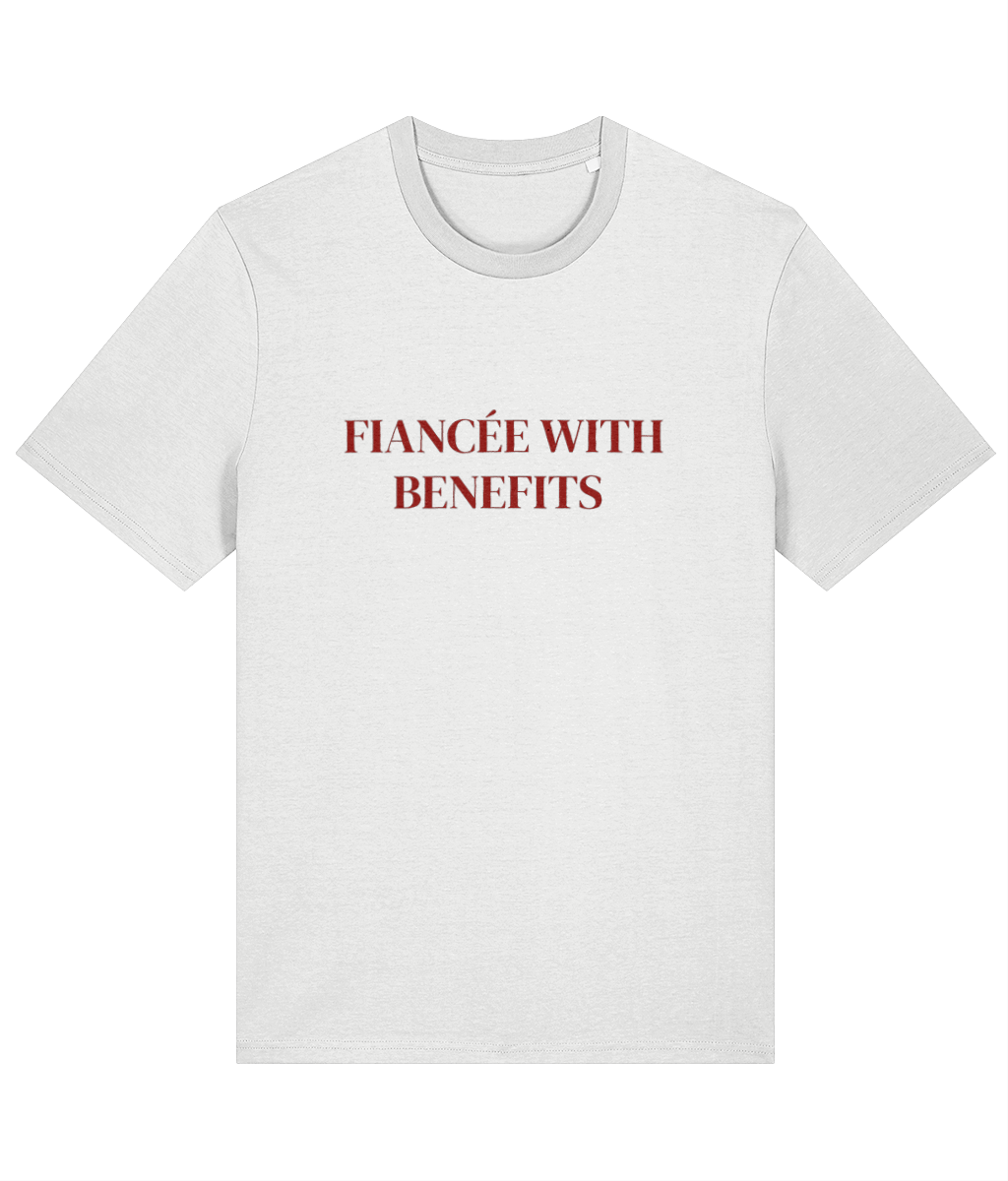White t-shirt with red text 'FIANCEE WITH BENEFITS' on a white background