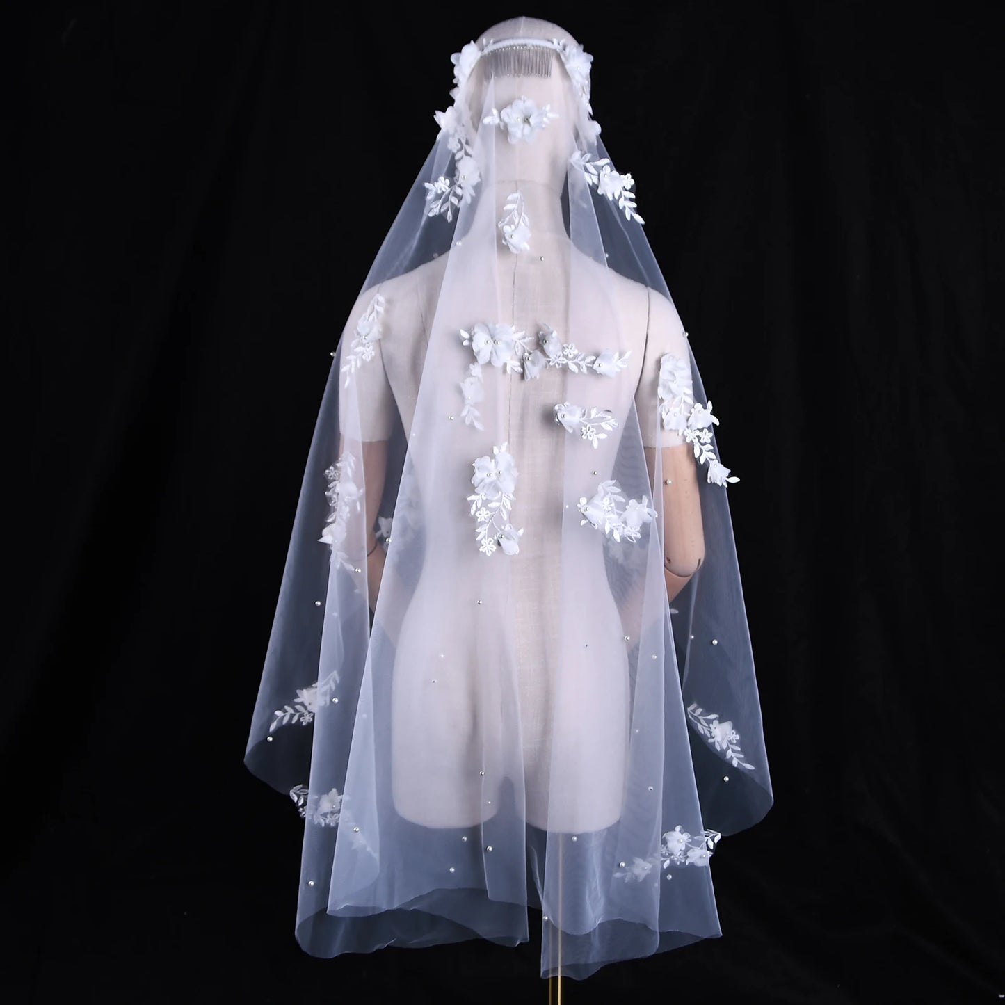 Full view of the Flora Pearl Bridal Veil showing one-layer tulle, floral appliqué, and pearl-style beading.