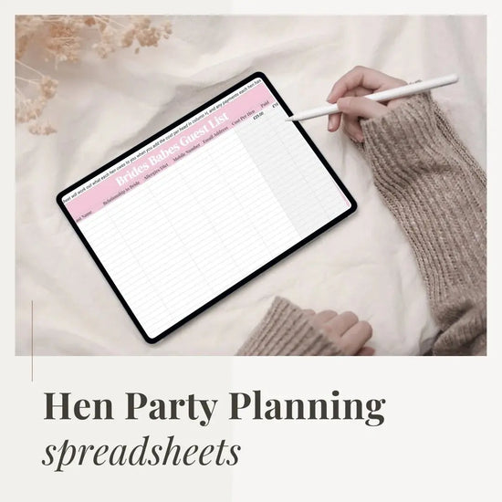 Hen Party Planning Spreadsheet shown on a tablet