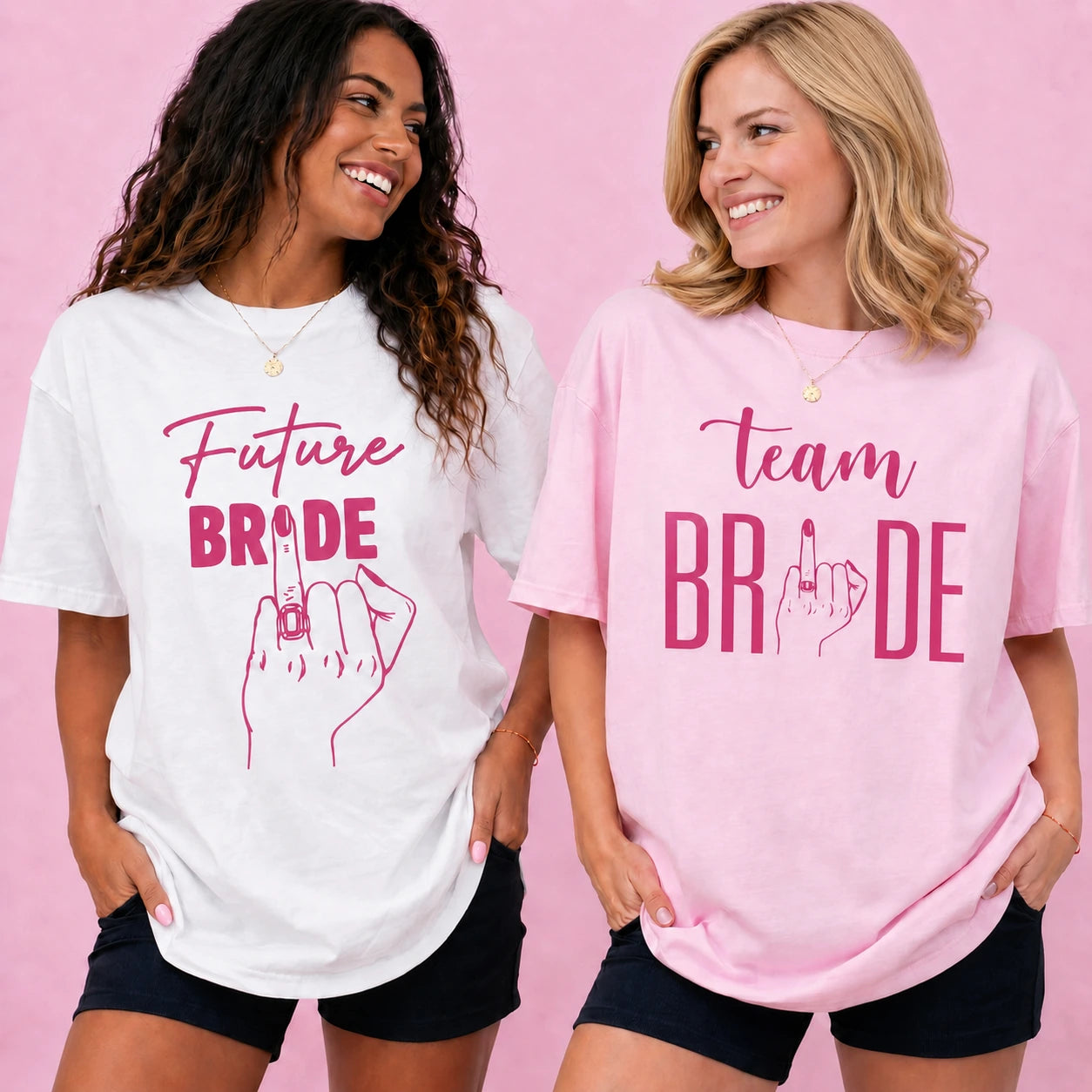 Two women wearing t-shirts with 'Future Bride' and 'Team Bride' text on a pink background