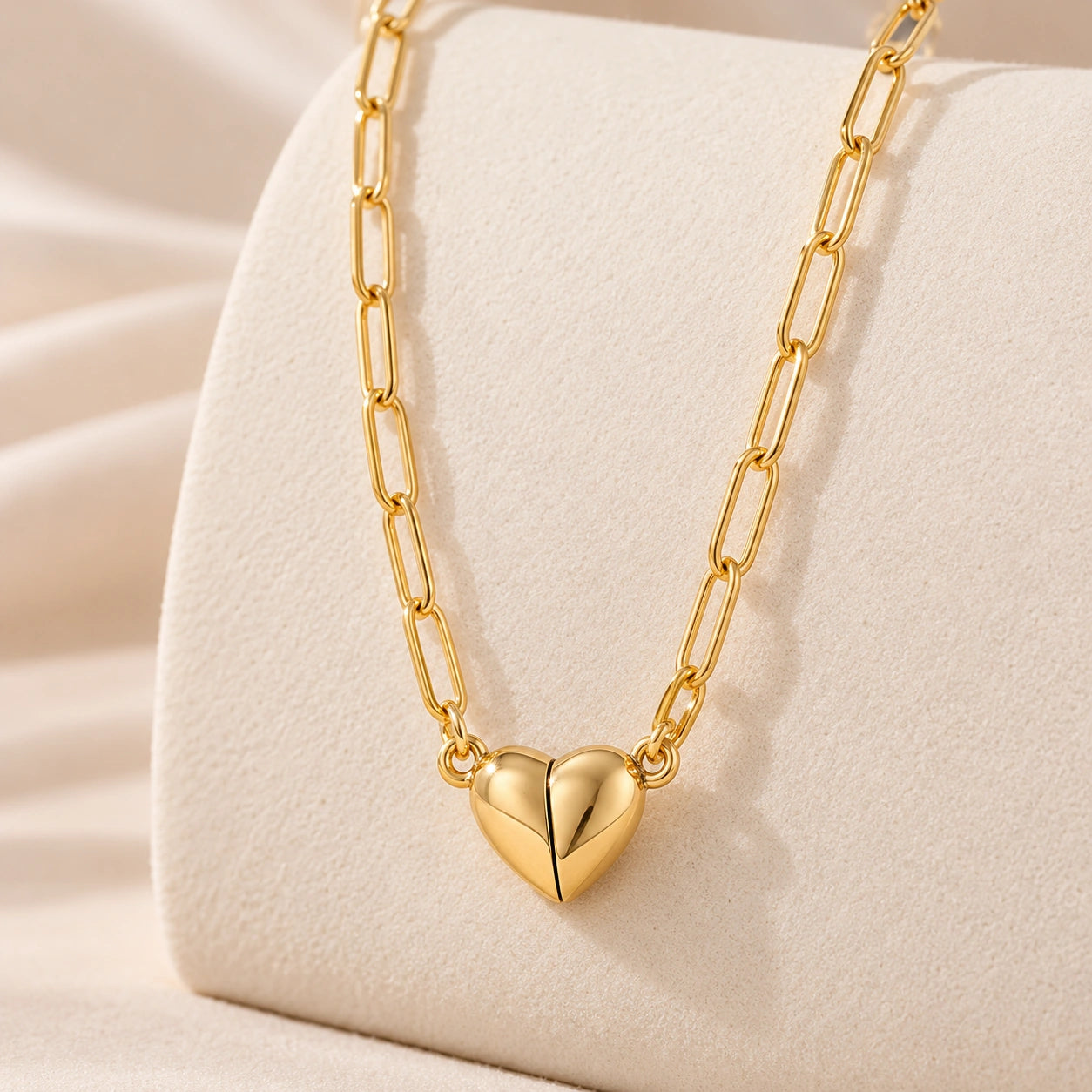 A gold paperclip chain necklace with a polished gold heart pendant, displayed on a textured cream-colored jewelry stand.