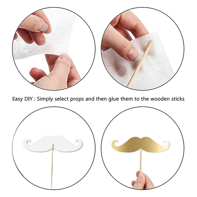 Step-by-step guide on how to assemble decorative mustache props with wooden sticks.