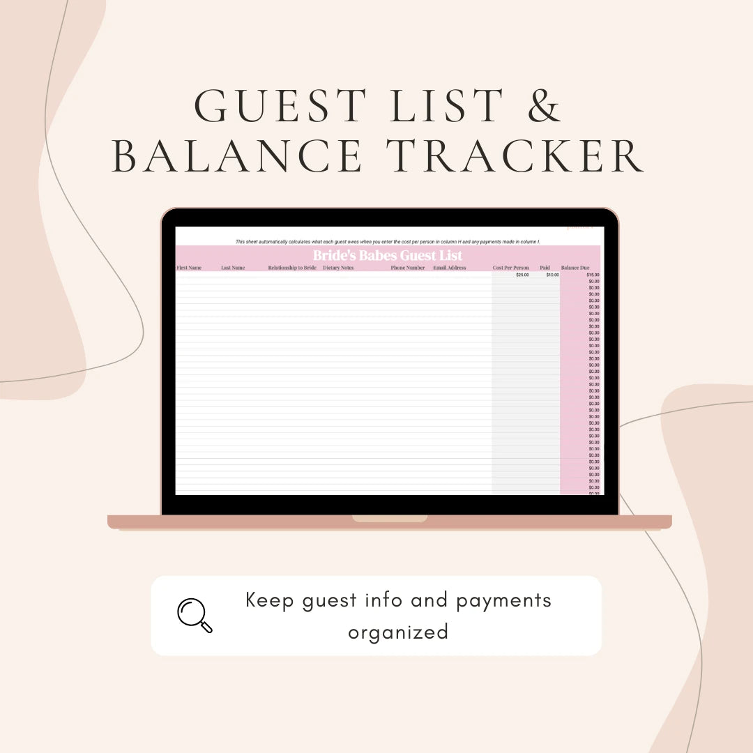 Laptop displaying a guest list and balance tracker on a light pink background