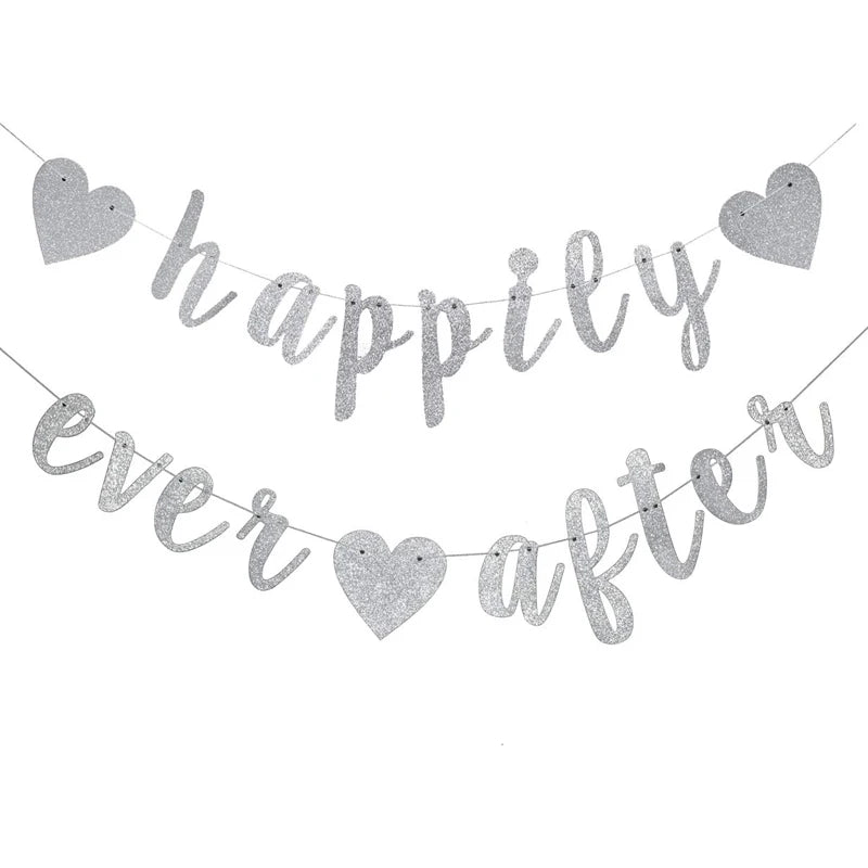 Silver happily ever after banner with a white background.