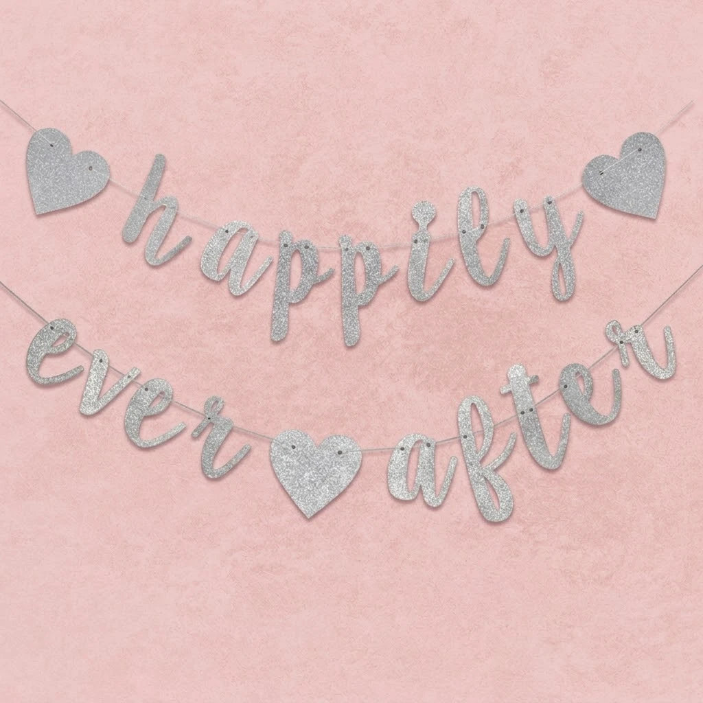 Silver 'happily ever after' banner with hearts on a pink background