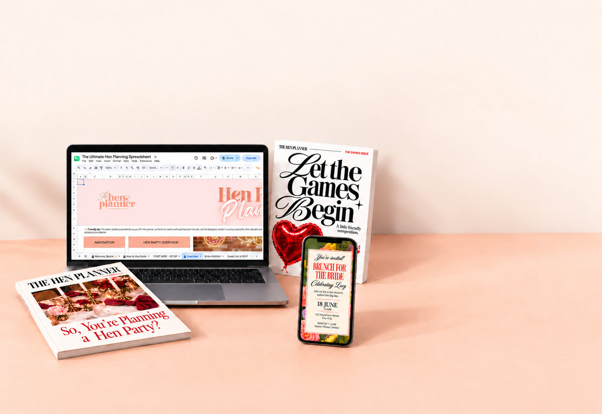 Hen party digital planning kit preview with a spreadsheet, guides and an invitation