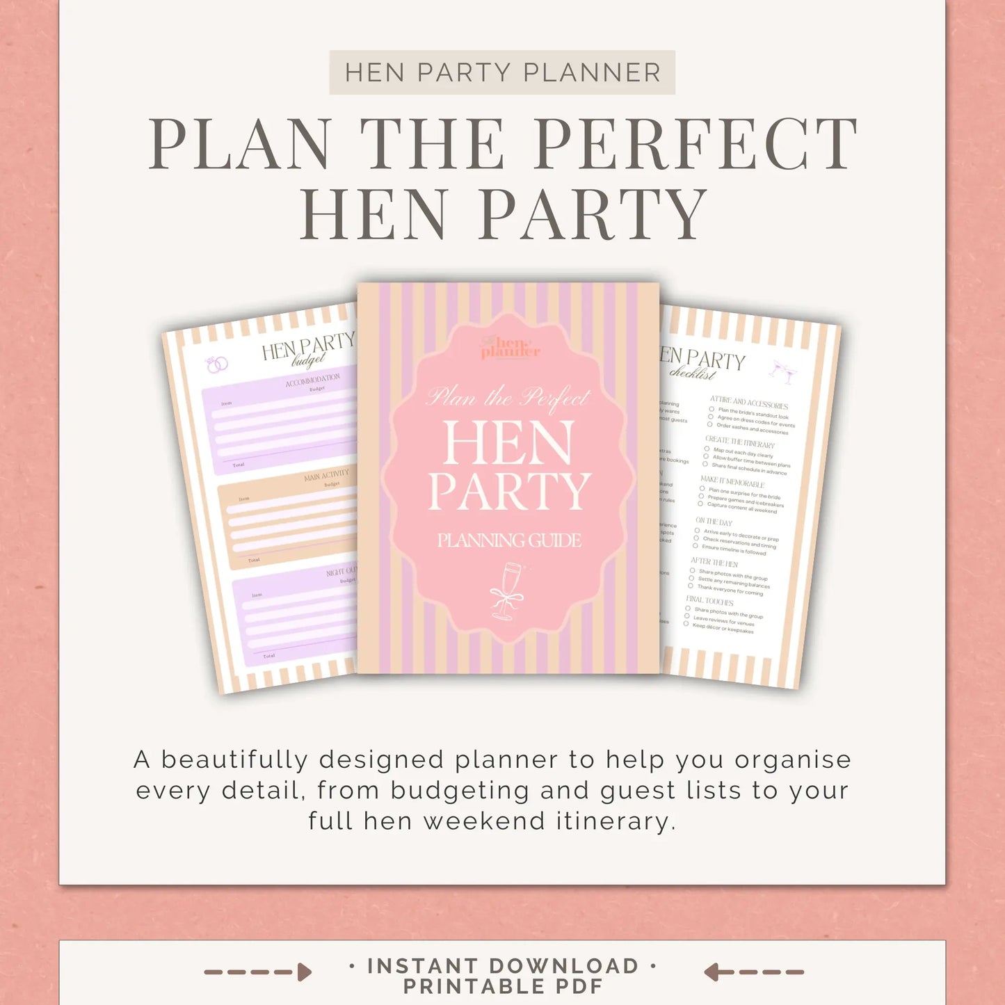 Close-up of a printable hen party planner showing the guest list tracker, budget planner, and weekend itinerary spreadsheet - The Hen Planner