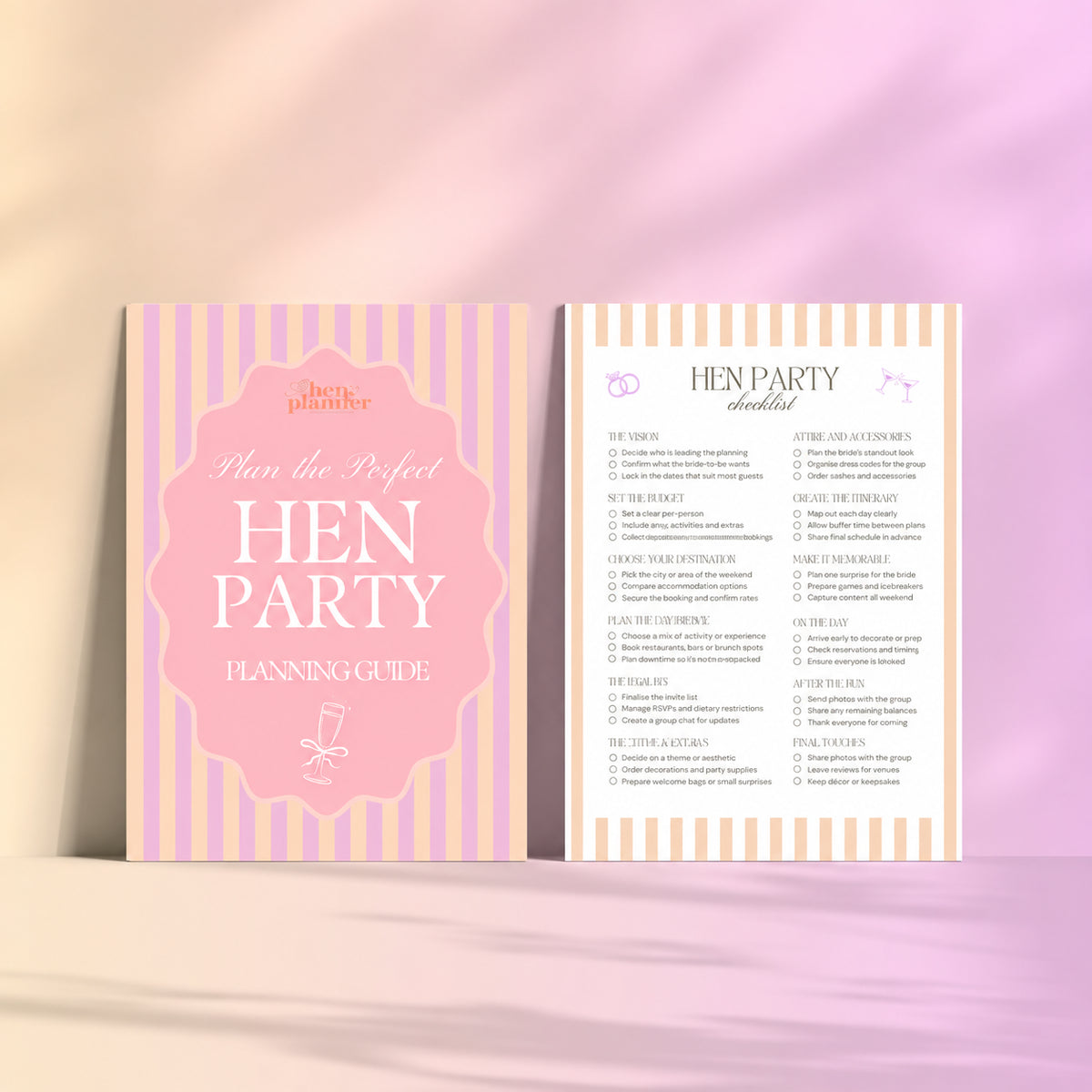 Pink hen party planning guide and printable checklist displayed side by side