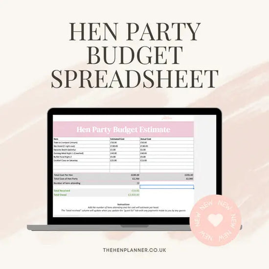 The Hen Planner hen party planning spreadsheet shown on a laptop