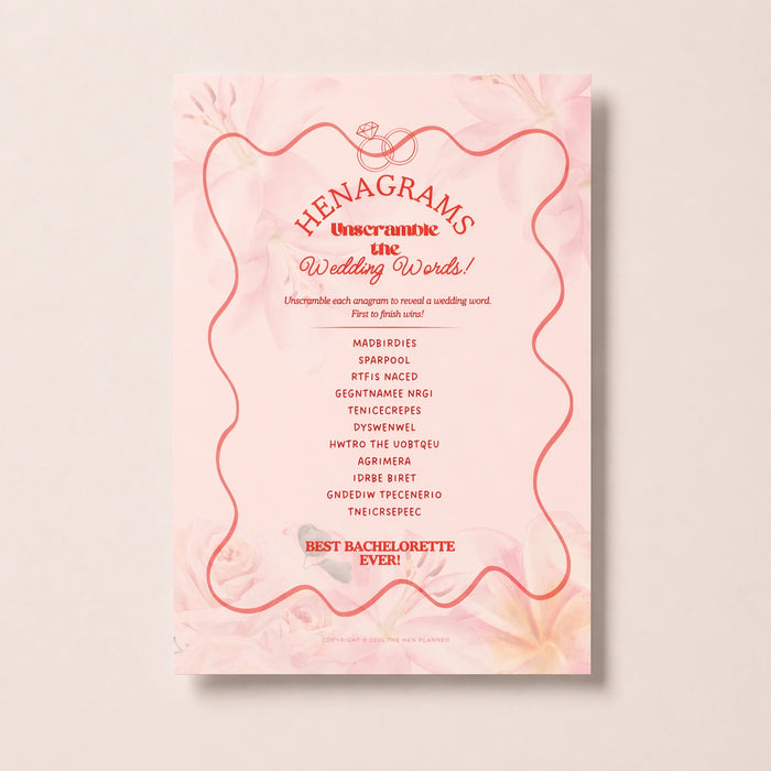 Pink henagrams bachelorette game with red text and decorative elements on a light pink background
