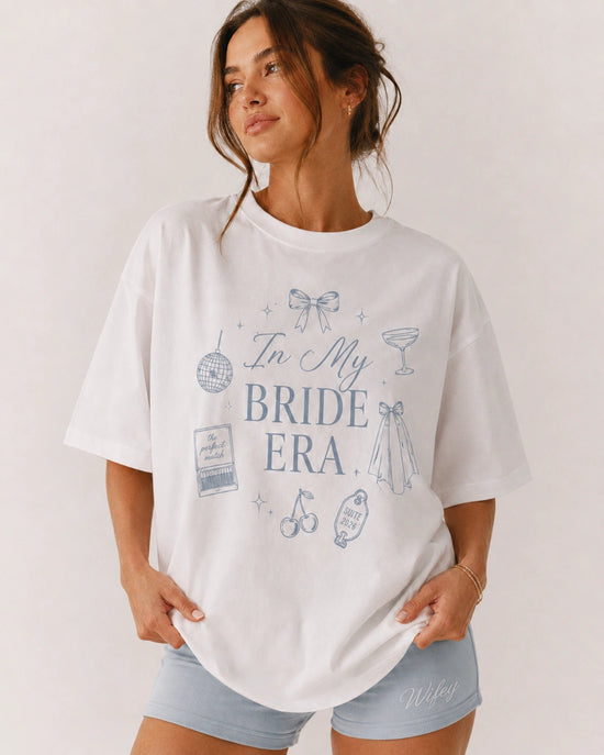 Woman wearing a white In My Bride Era organic cotton bridal T-shirt