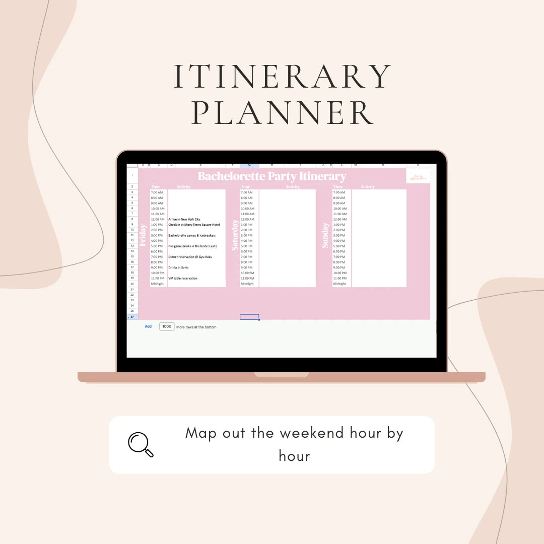 Laptop displaying a bachelorette party itinerary planner on a light pink background