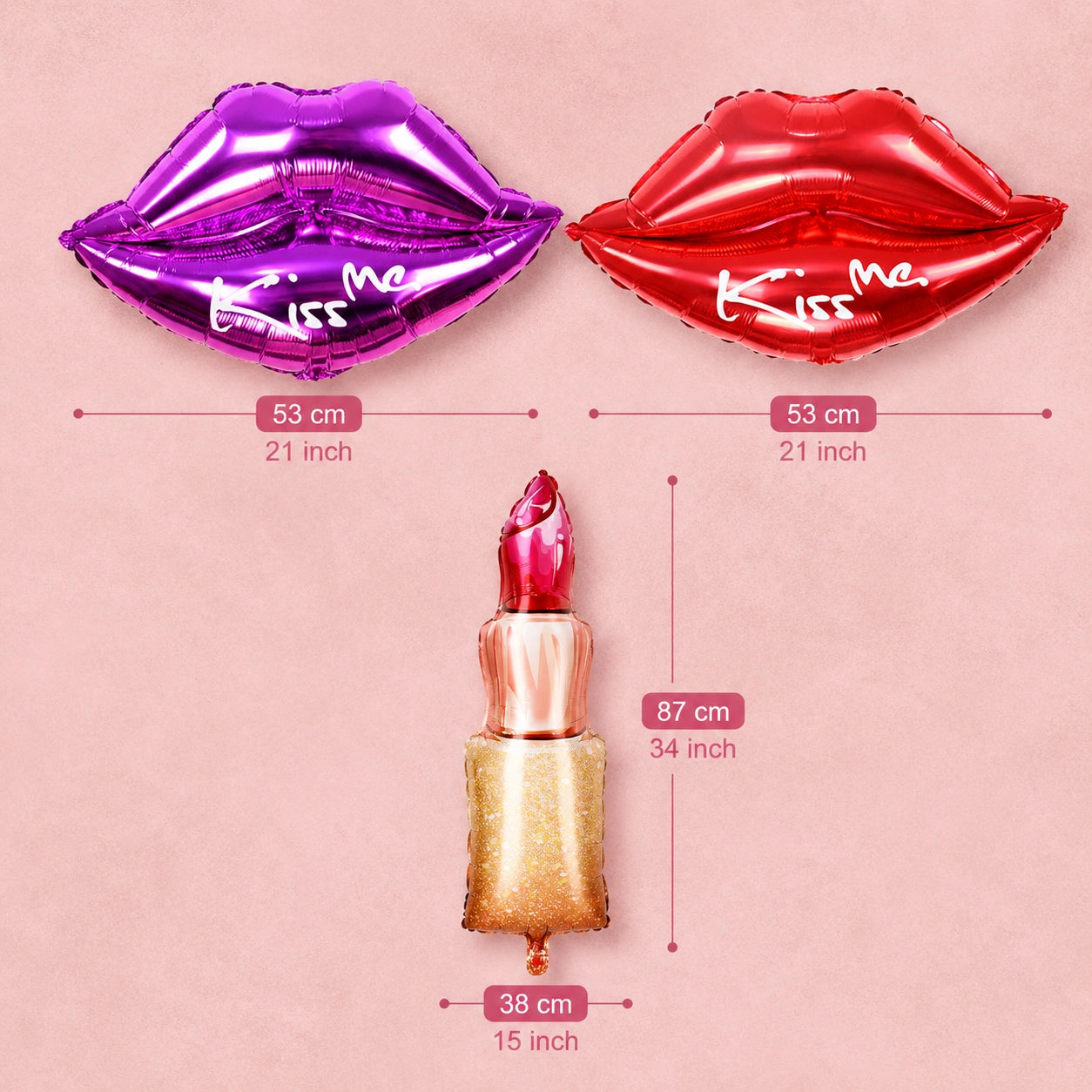 Three lip-shaped foil balloons shown on a pink background with size labels: one purple balloon reading 'Kiss me', one red balloon reading 'Kiss me', and one gold lipstick-shaped balloon. Measurement lines and text indicate dimensions in centimeters and inches.