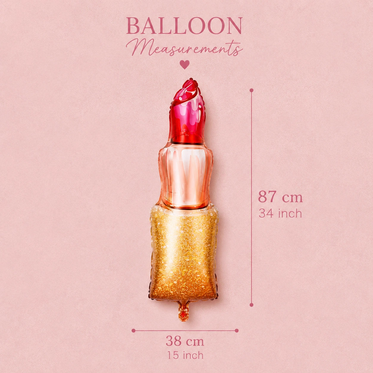 A lipstick-shaped balloon on a pink background with measurement labels showing 87 cm in height and 38 cm in width.