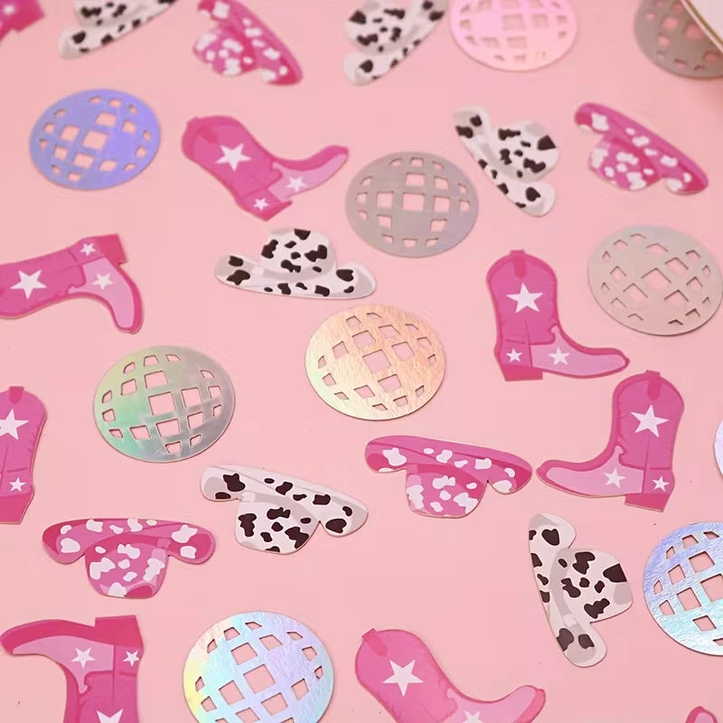 Pattern of pink cowboy boots, hats, and latticework on a pink background