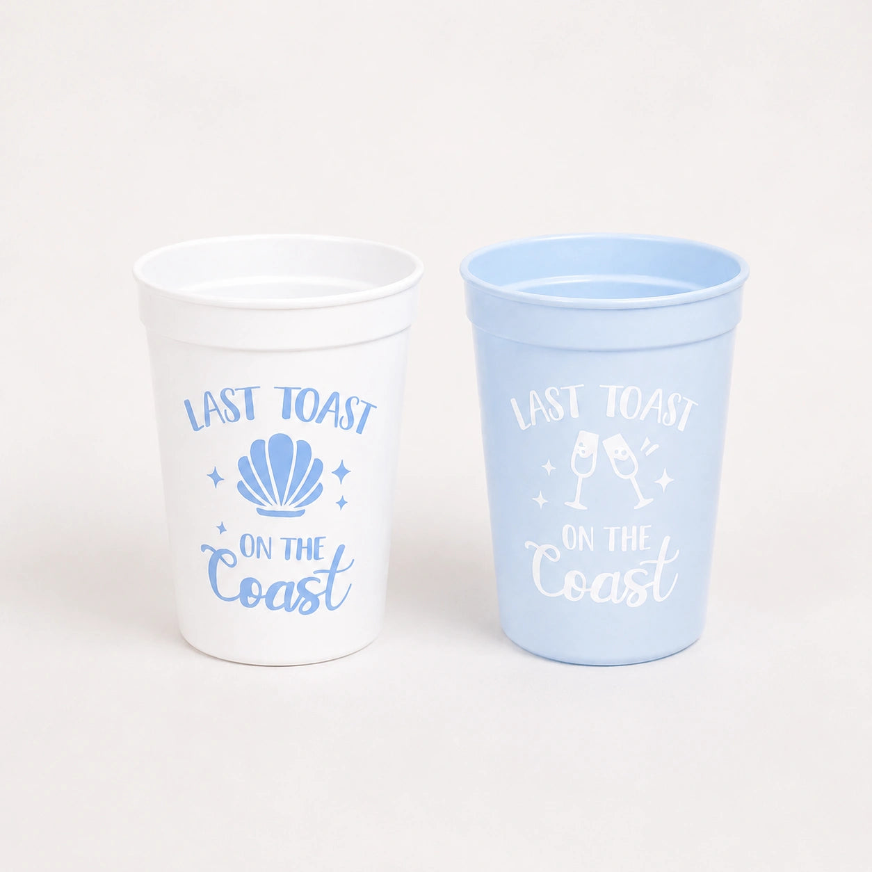 Two cups with 'Last Toast on the Coast' text on a white background