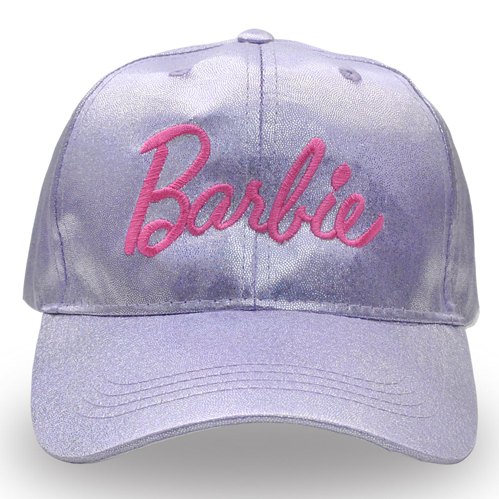 Lavender cap with pink 'Barbie' text on a white background