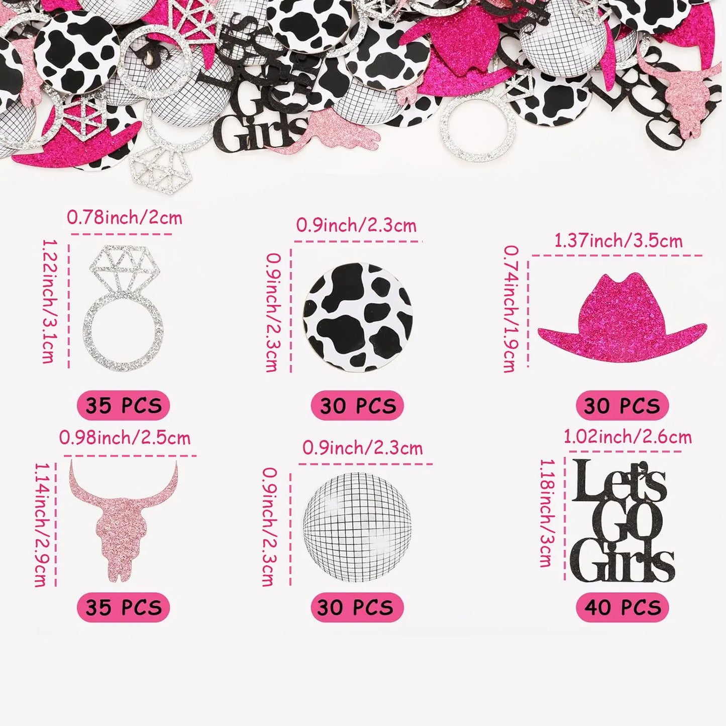 Collection of hen party confetti with measurements and 'Let's Go Girls' text on a white background