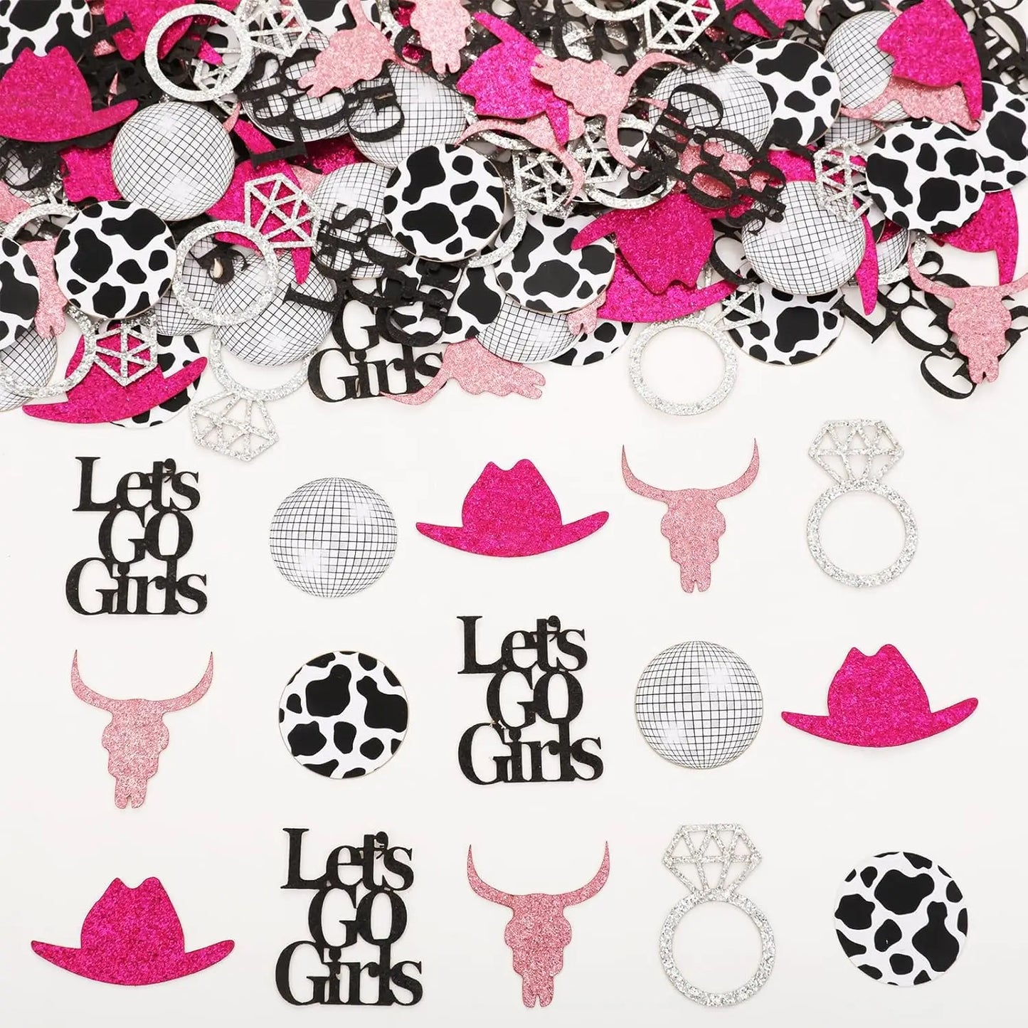 Collection of confetti with 'Let's Go Girls' text, cow print patterns, and pink cowboy hats on a white background.