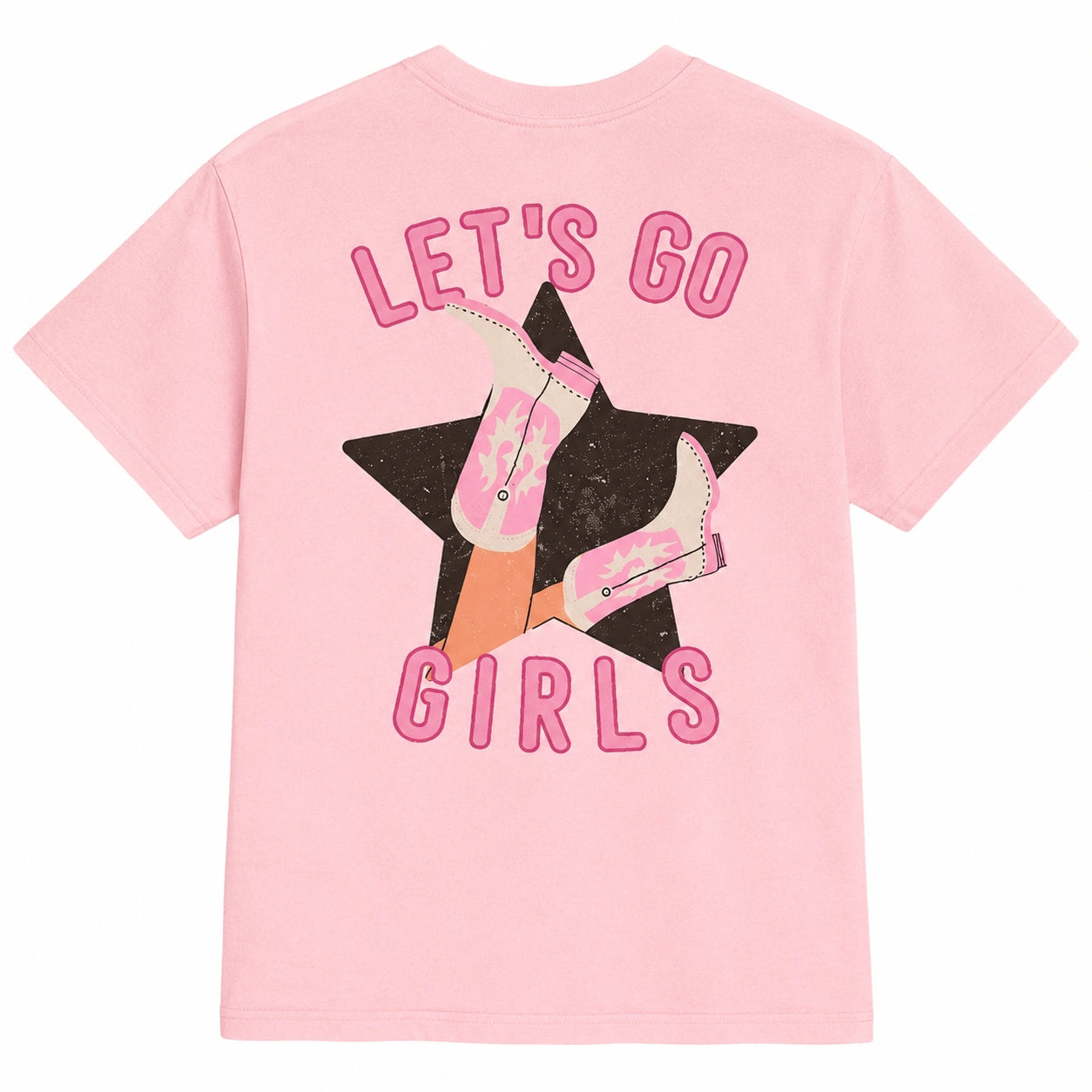 A light pink short-sleeve t-shirt shown from the back, featuring a graphic print of a black star with pink cowboy boots and the text 'LET'S GO GIRLS' in pink outlined letters.