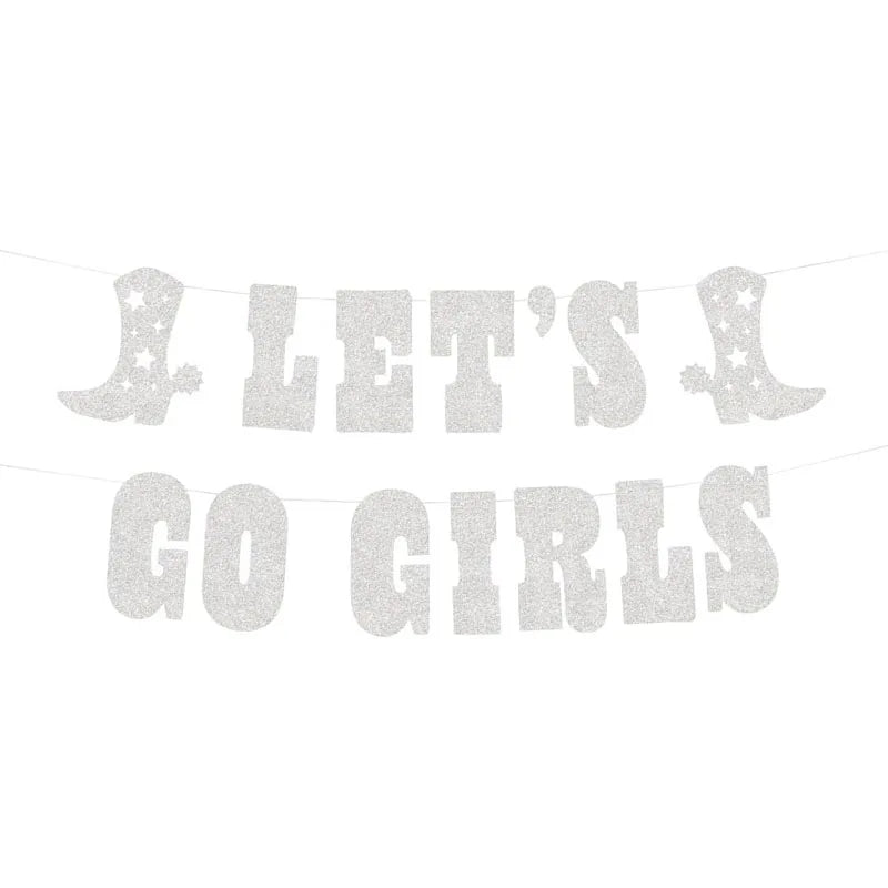 Decorative banner with 'Let's Go Girls' text and cowboy boot designs on a white background