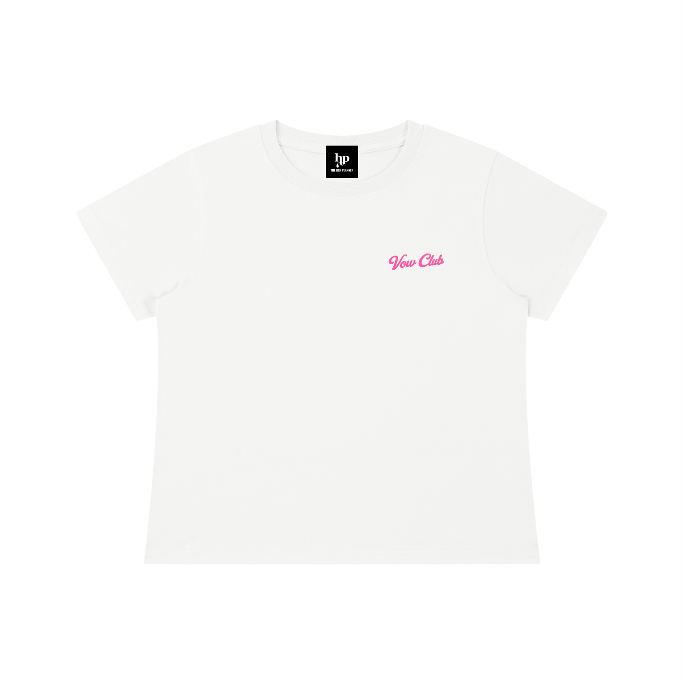 A white short-sleeve crewneck t-shirt with a small pink 'Vow Club' script logo on the left chest, displayed on a clean white background.