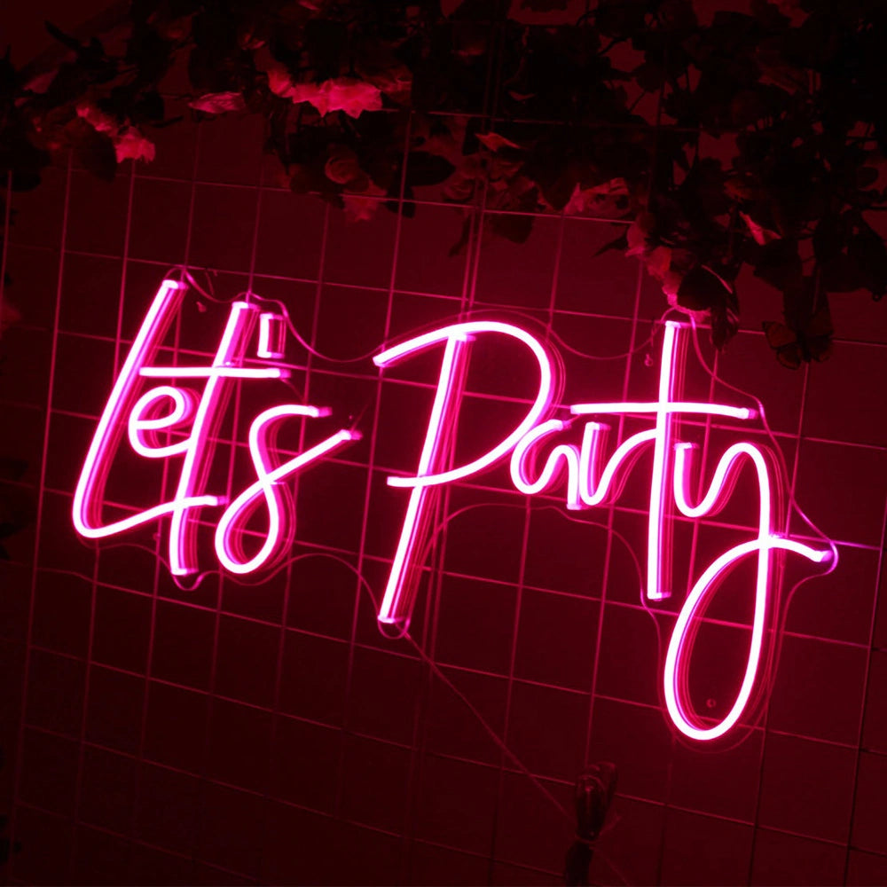 Neon sign with 'Let's Party' text on a grid background