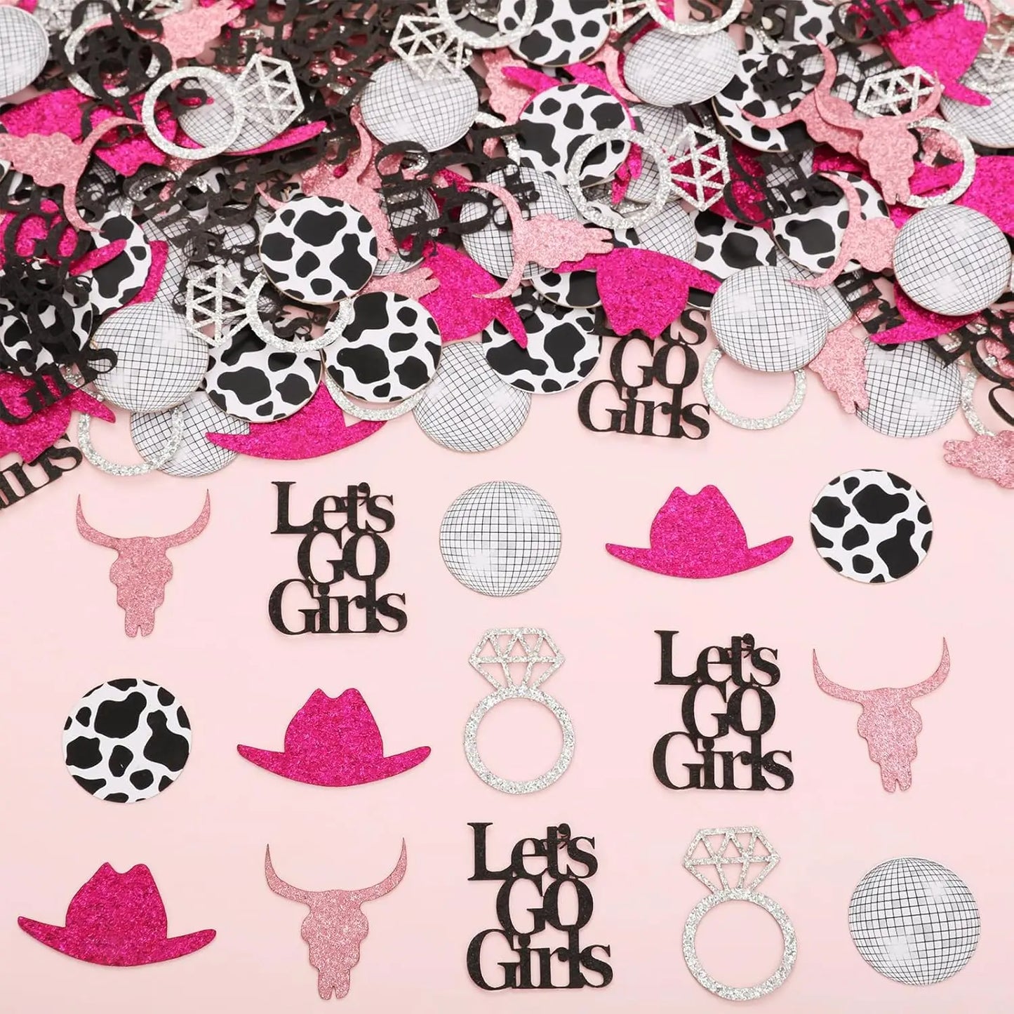Confetti with cowgirl theme including hats, rings, and 'Let's Go Girls' text on a pink background.