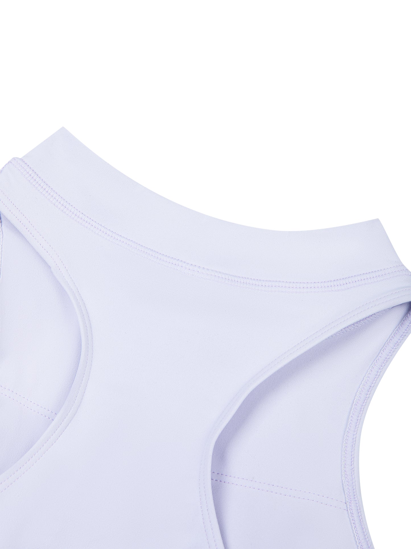 Close-up of a light lavender athletic tank top showing the racerback shoulder design and curved neckline stitching against a white background.