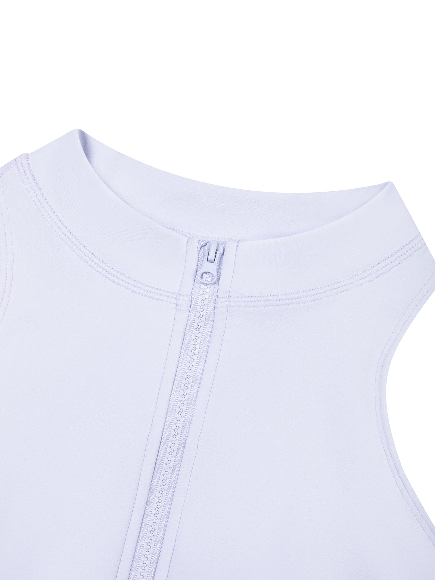 Close-up of a sleeveless romper with a high mock neck and a front zipper, shown in a very pale lavender or light purple color on a white background.