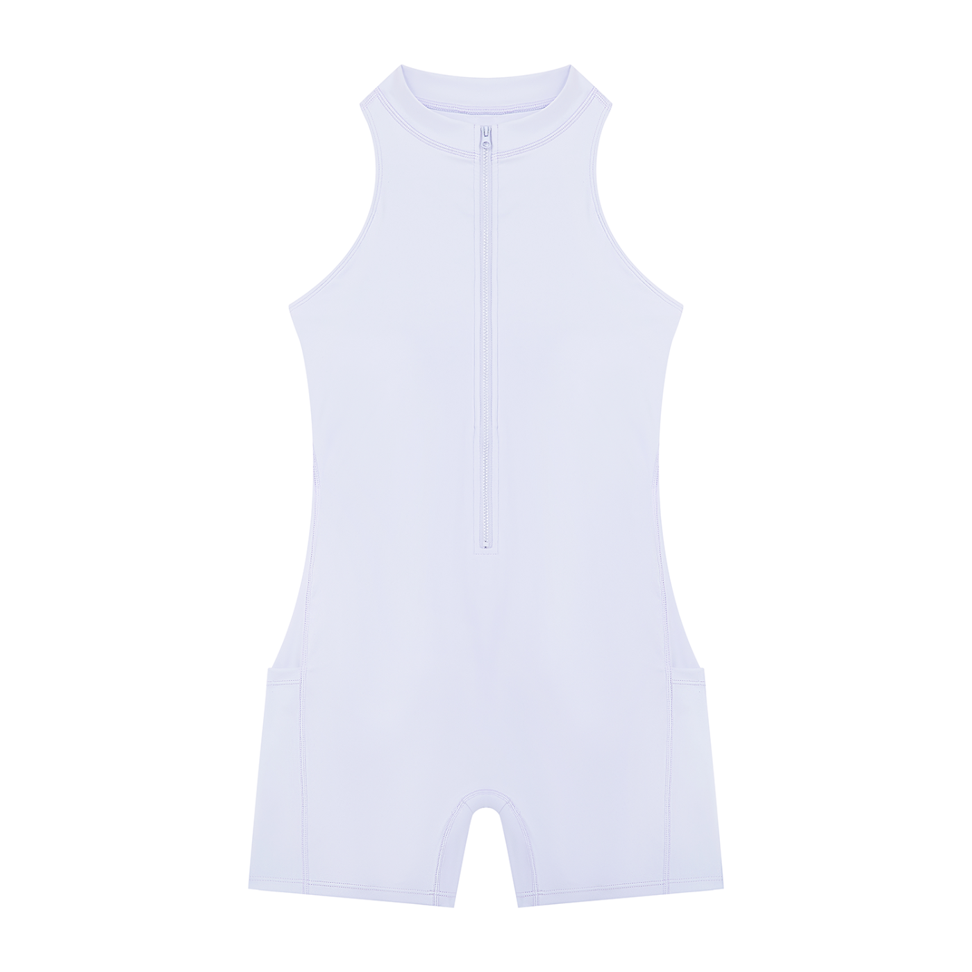 A white sleeveless one-piece romper with a front zipper, photographed flat against a solid white background.