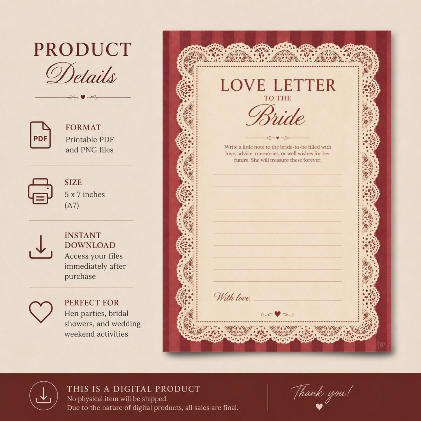Digital bridal shower product listing showing a printable 'Love Letter to the Bride' card design on the right and product details on the left, including format PDF/PNG, size 5x7 inches, instant download, and suitability for hen parties, bridal showers, and wedding weekend activities.