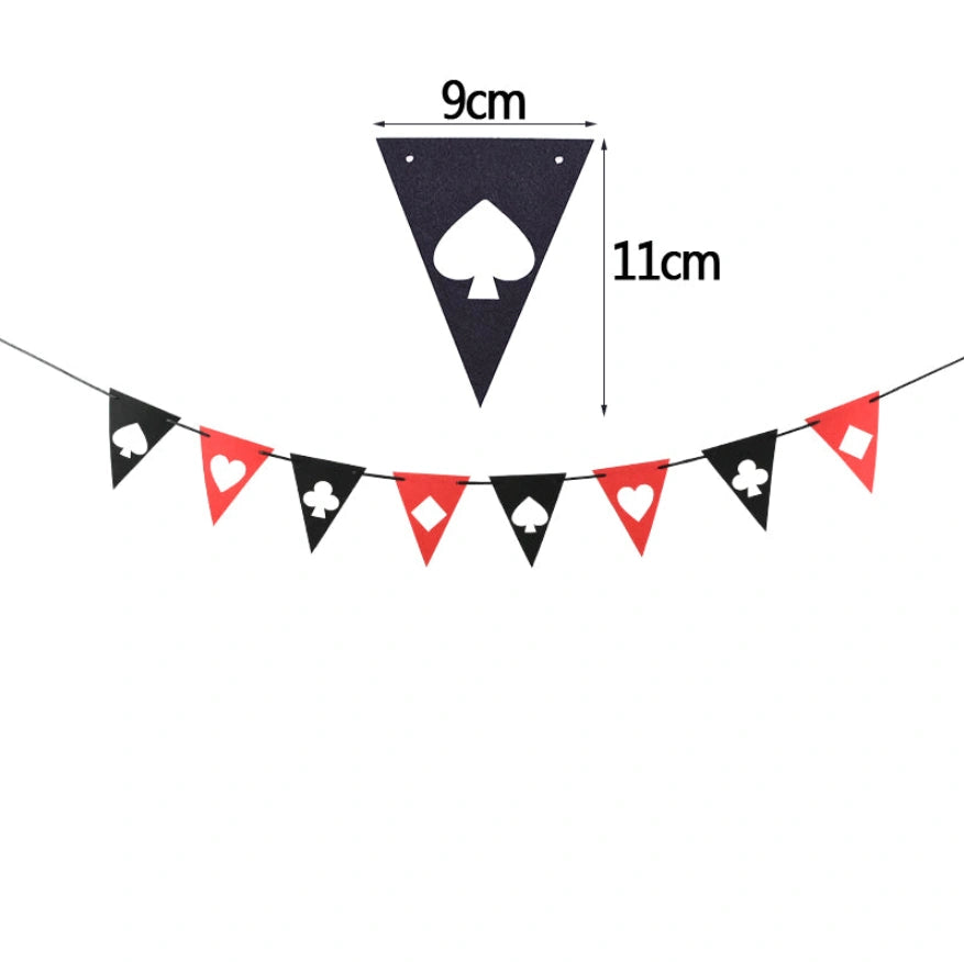 Black and red playing card themed bunting banner with white suit symbols, shown with dimension labels indicating 11cm height and 9cm width on a white background.