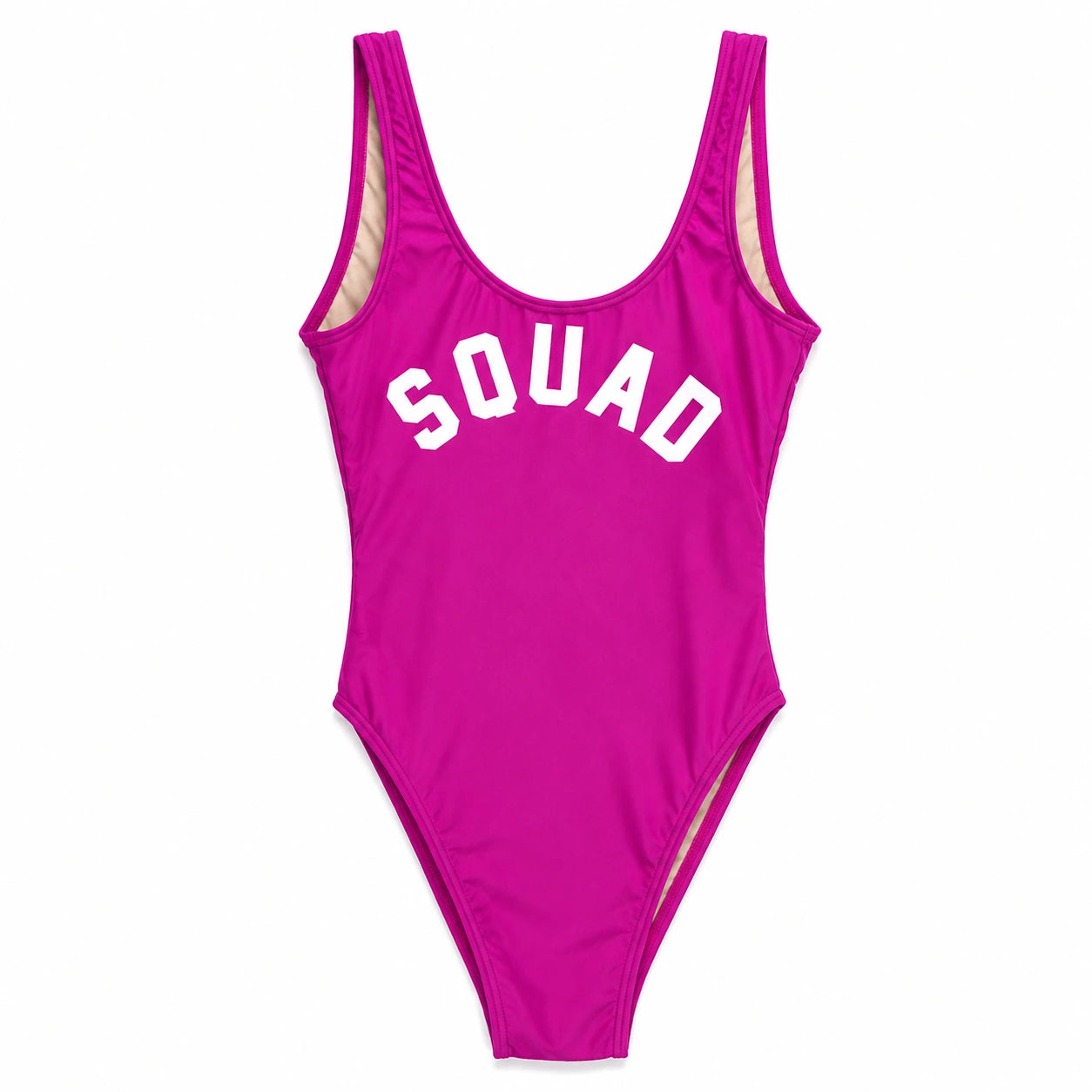 A bright pink one-piece swimsuit with 'SQUAD' printed in white arched letters across the chest, displayed flat against a plain white background.