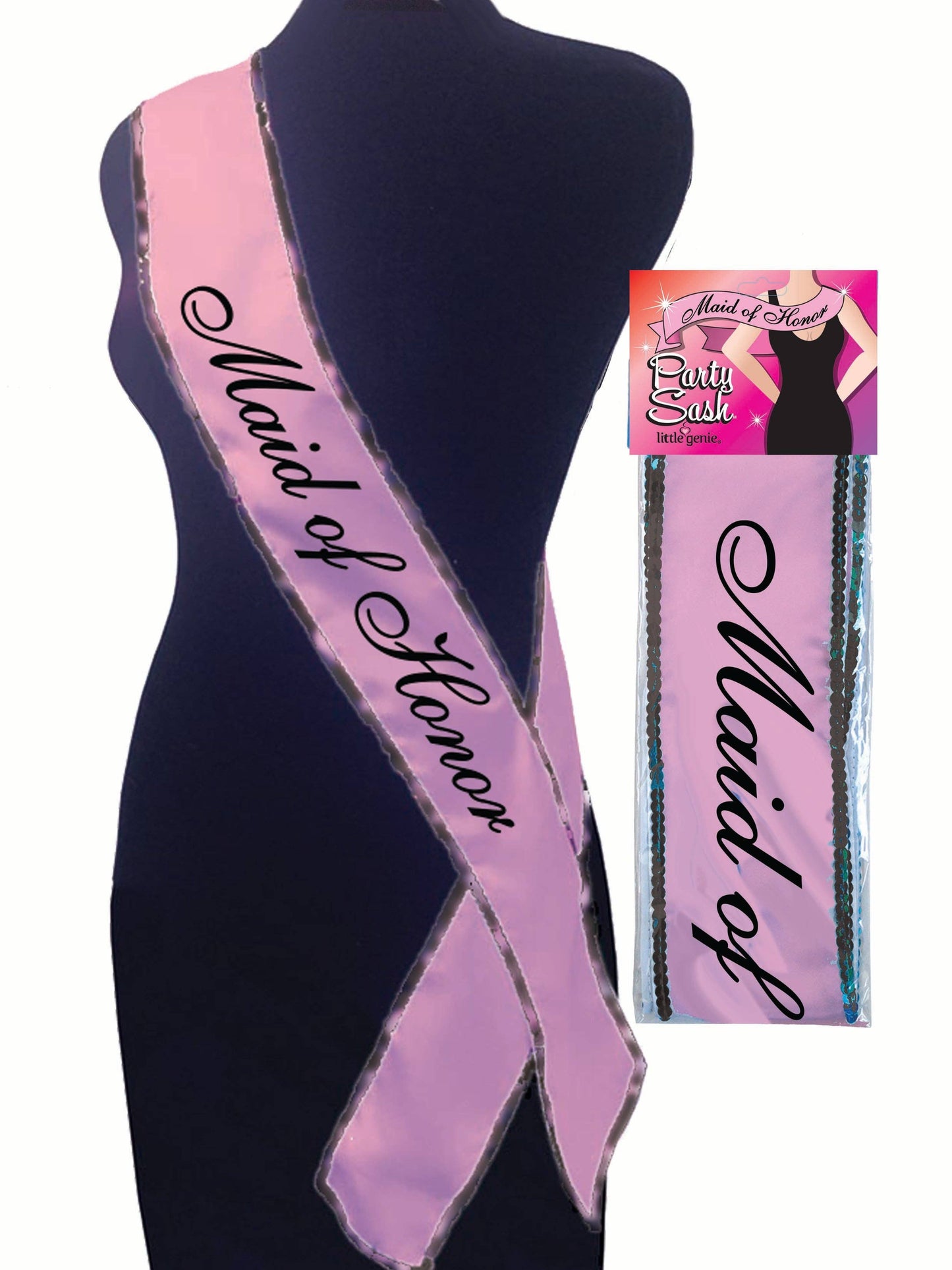 Pink 'Maid of Honor' sash on a black mannequin with packaging in the corner.