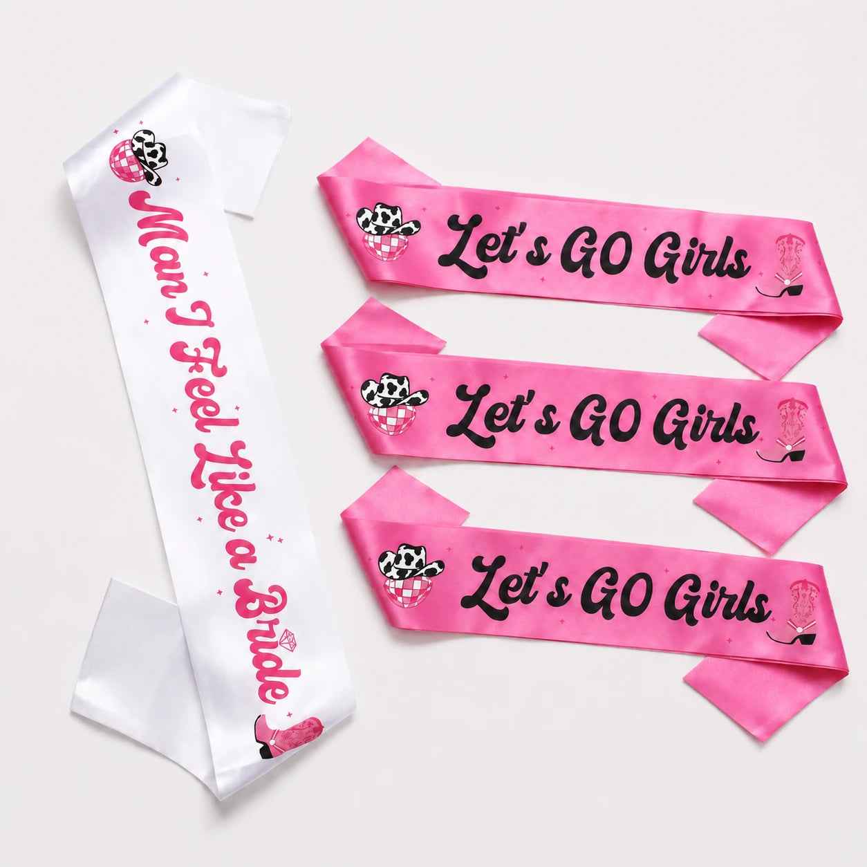 Pink and white sashes with text on a white background