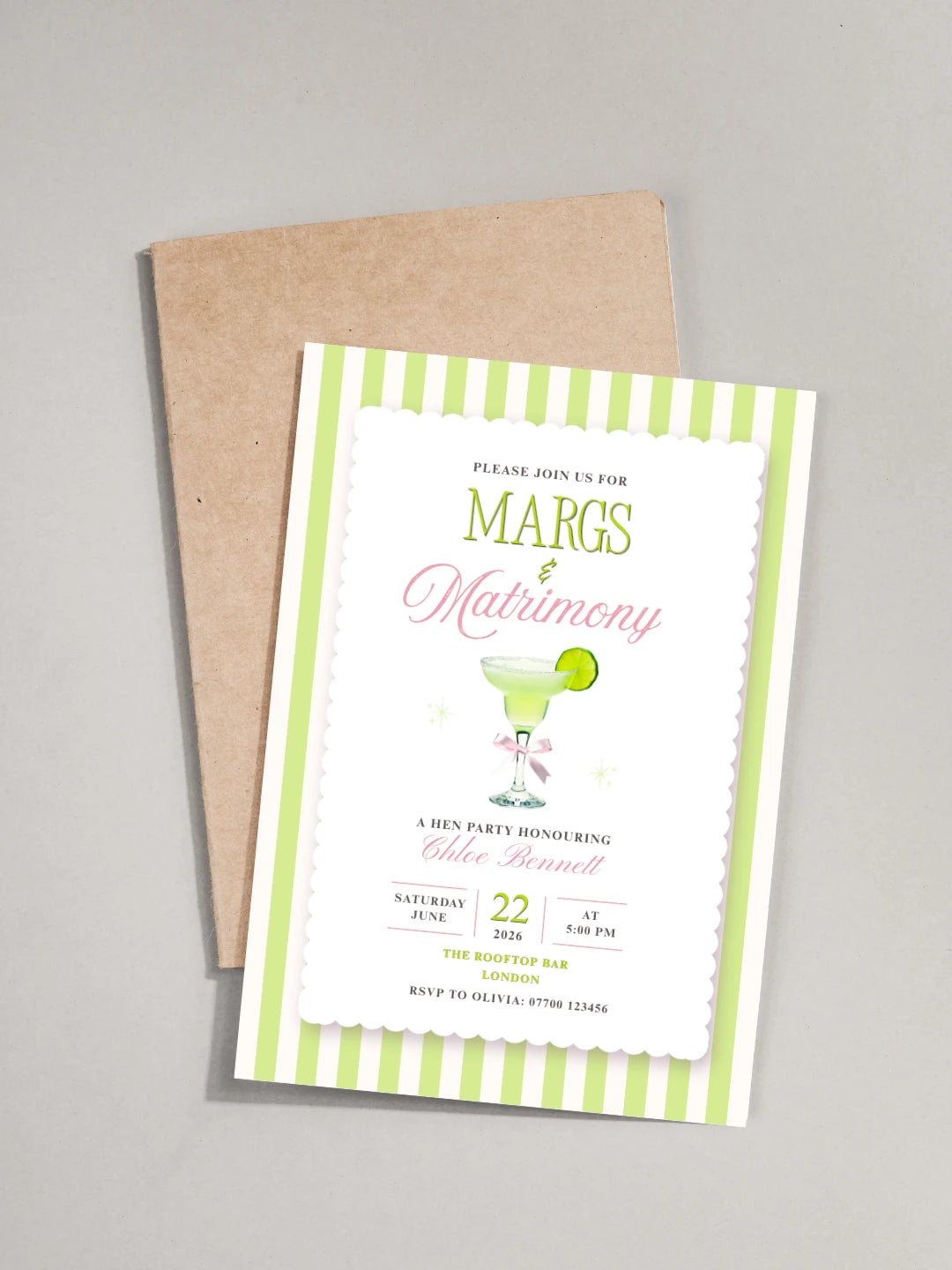 Hen party invitation card with green and white striped border and cocktail graphic, placed on a gray background.
