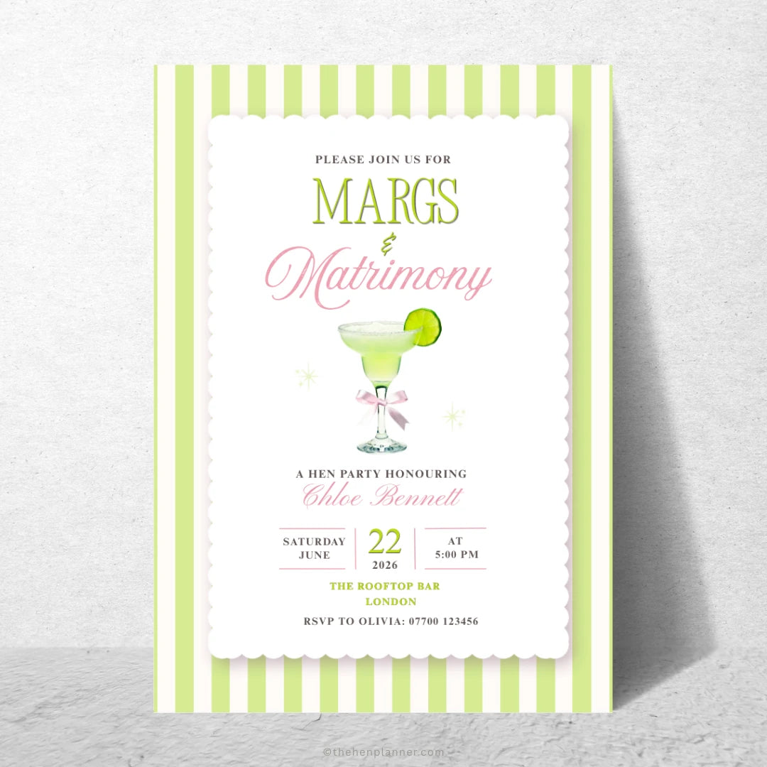 Hen party invitation card with cocktail graphic and text on a white background