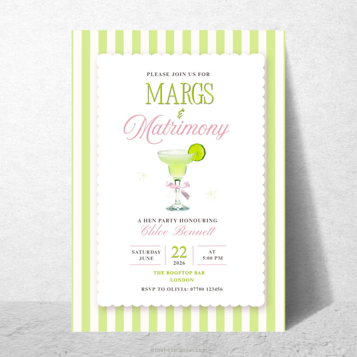 Hen party invitation card with cocktail graphic and text on a white background