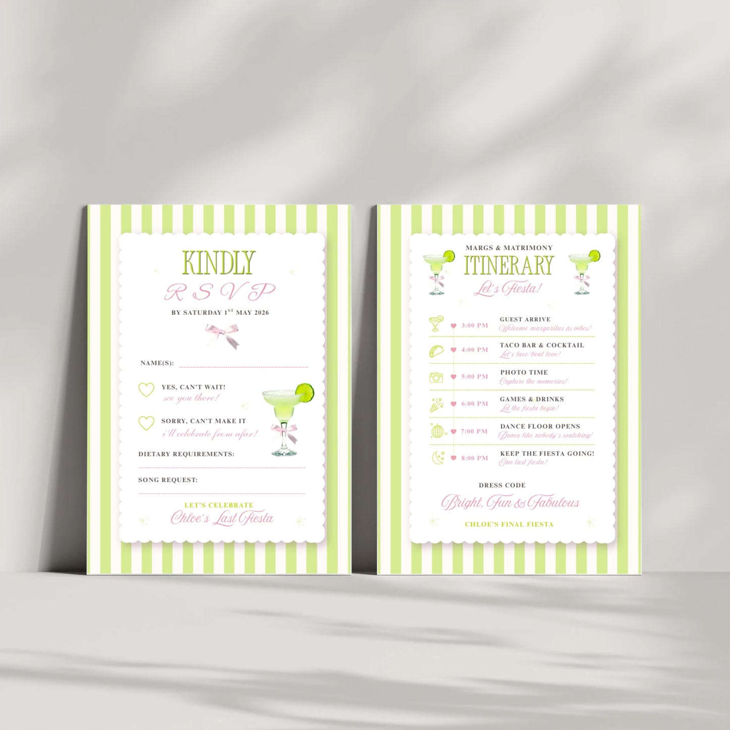 Two coordinated Margs & Matrimony hen party invitation cards with pale green and white vertical stripes, shown standing upright on a light gray surface against a soft gray background. The left card reads 'KINDLY RSVP' with event details, and the right card reads 'ITINERARY' with cocktail-themed event text and small margarita illustrations.