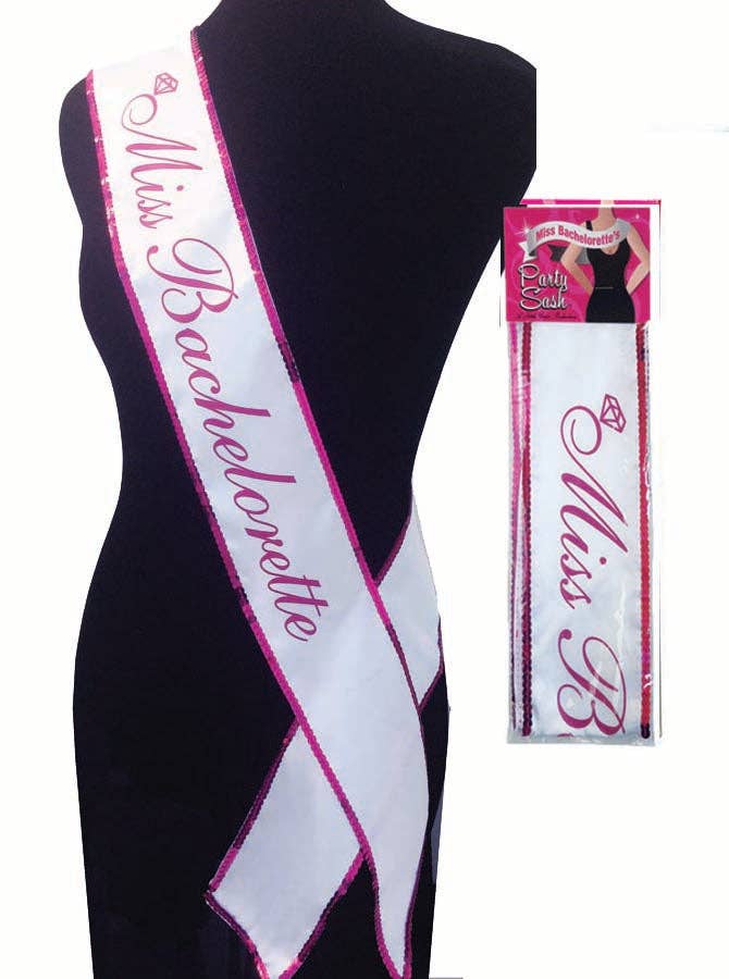 Miss Bachelorette party sash with pink trim and packaging