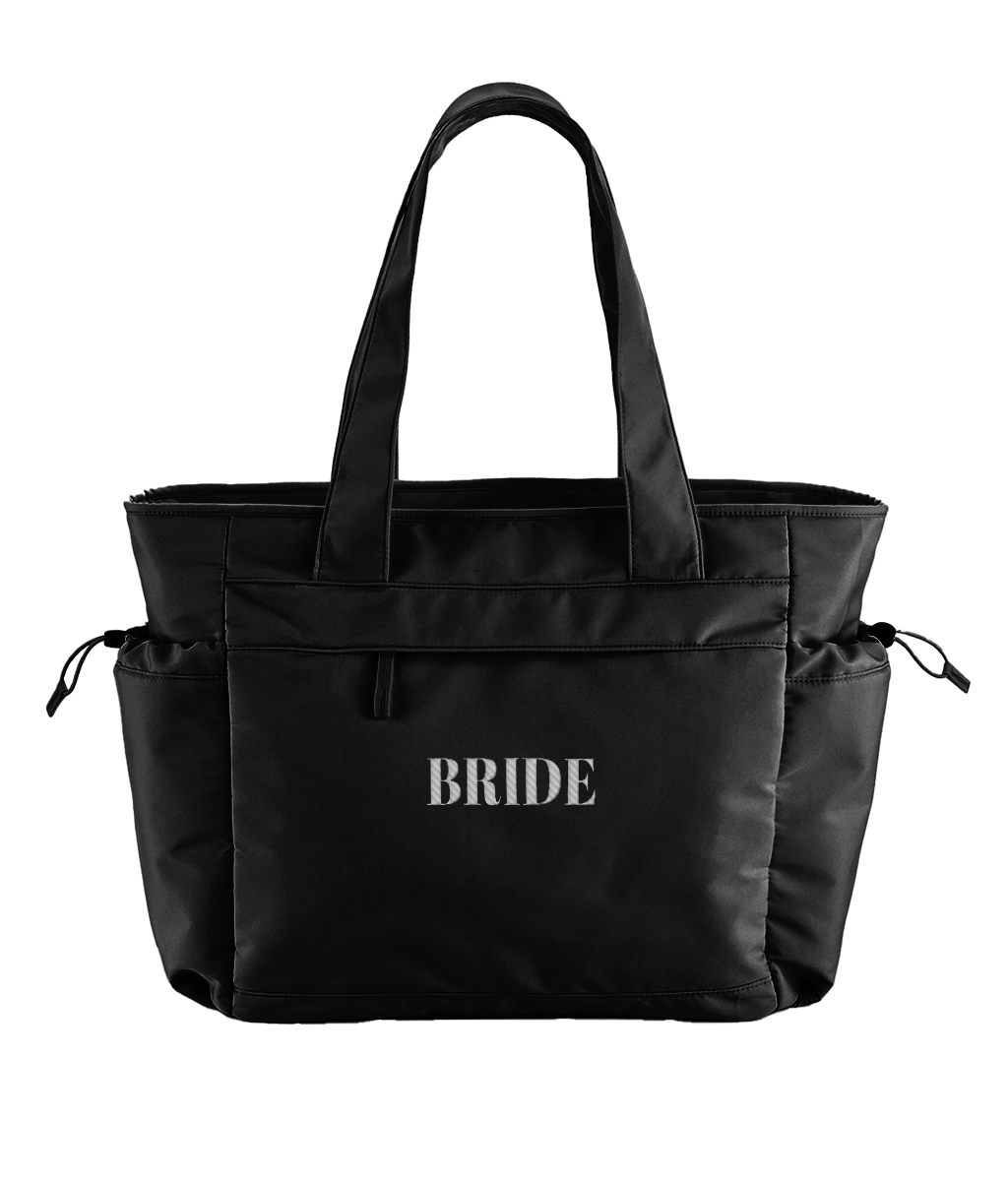 Black tote bag with 'BRIDE' text on a white background