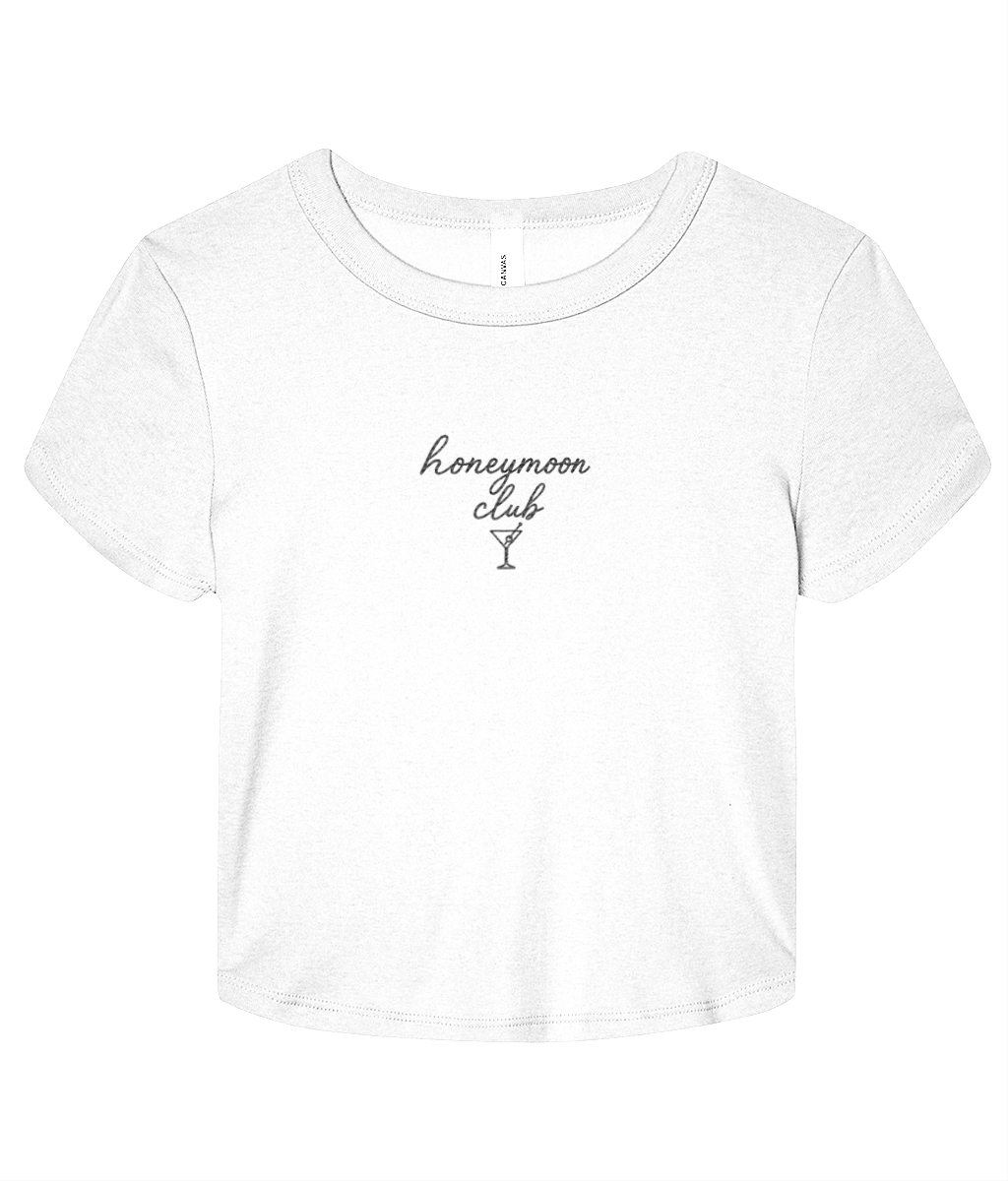 White t-shirt with 'honeymoon club' text and martini glass on a white background