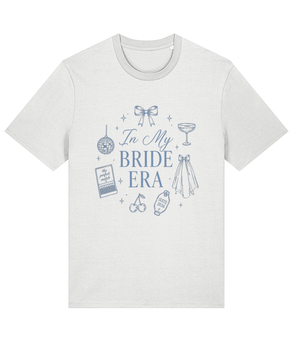 White organic cotton t-shirt with blue In My Bride Era bridal graphic