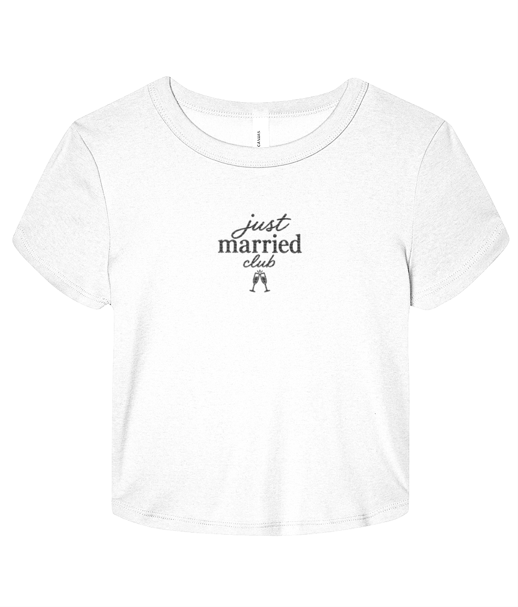 White t-shirt with 'just married club' text on a white background